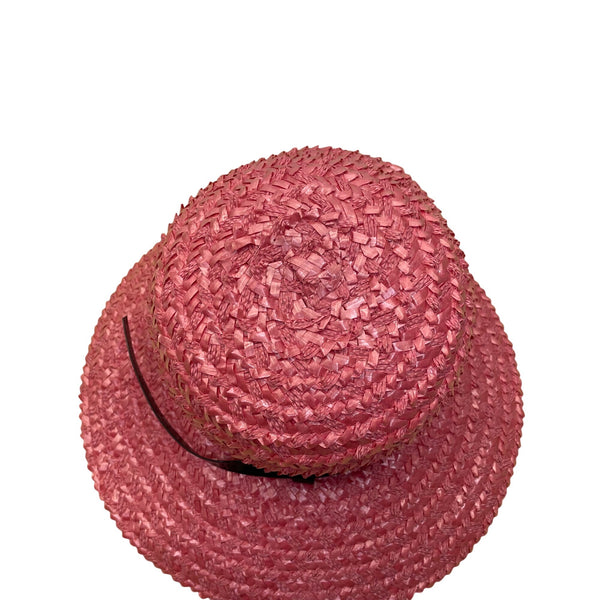 Beresford Womens Pink Straw Hat Woven Wide Brim Church Cloche Style Black Band Trim