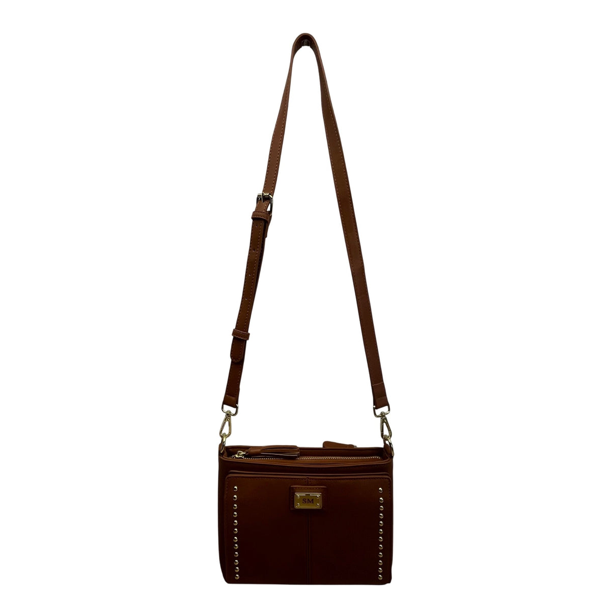 The Danbury Mint Women Brown Faux Leather Studded The Personalized Crossbody Bag