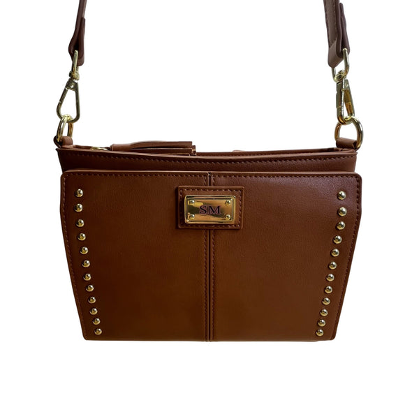 The Danbury Mint Women Brown Faux Leather Studded The Personalized Crossbody Bag