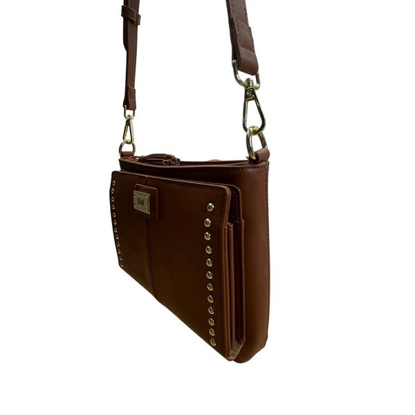 The Danbury Mint Women Brown Faux Leather Studded The Personalized Crossbody Bag