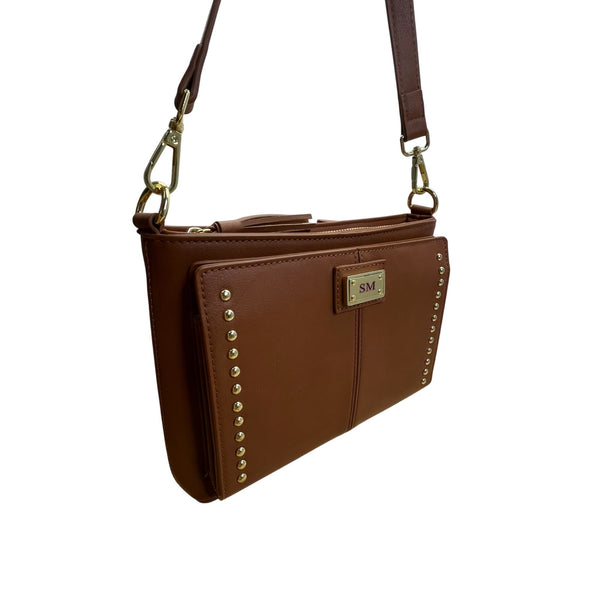 The Danbury Mint Women Brown Faux Leather Studded The Personalized Crossbody Bag