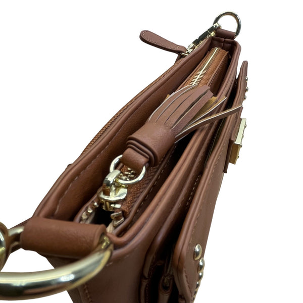 The Danbury Mint Women Brown Faux Leather Studded The Personalized Crossbody Bag