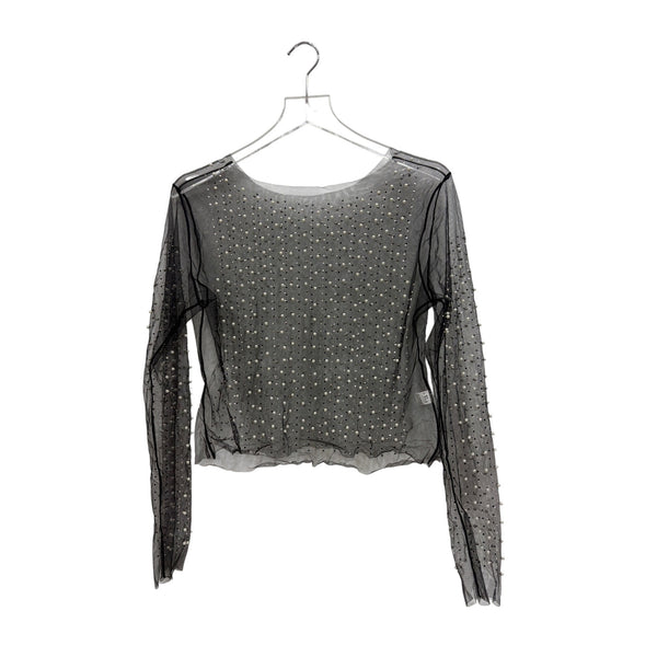 Black Sheer Mesh Long Sleeve Pearl Embellished Blouse Womens XL Elegant Lightweight