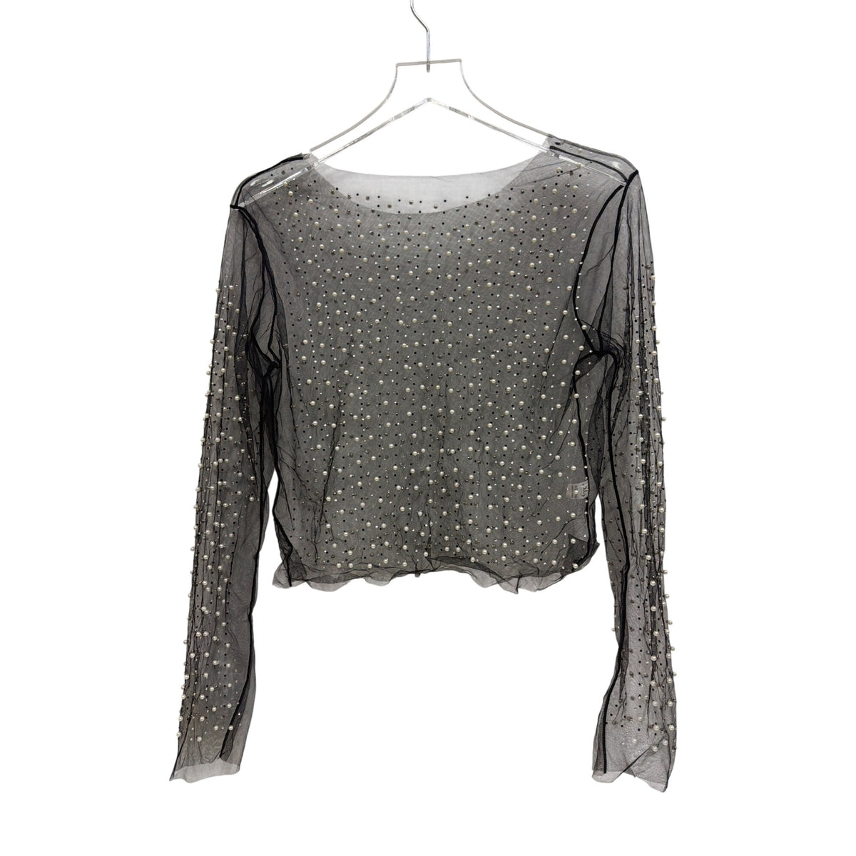 Black Sheer Mesh Long Sleeve Pearl Embellished Blouse Womens XL Elegant Lightweight