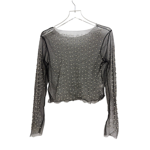 Black Sheer Mesh Long Sleeve Pearl Embellished Blouse Womens XL Elegant Lightweight