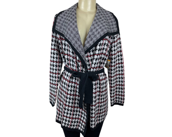 Anne Klein Womens Houndstooth Belted Cardigan Sweater S