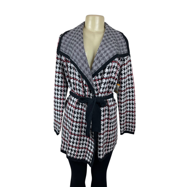 Anne Klein Womens Houndstooth Belted Cardigan Sweater S