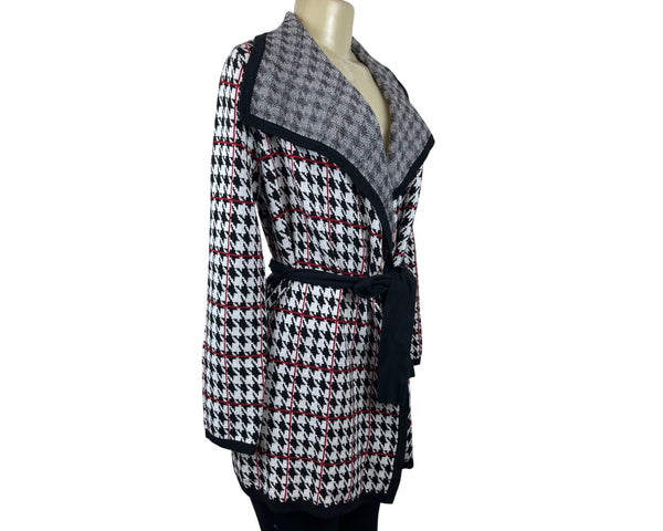 Anne Klein Womens Houndstooth Belted Cardigan Sweater S