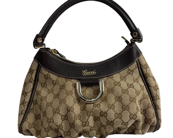 Gucci Beige & Brown Monogram Canvas Leather Handbag With Gold Accents & Top Handle