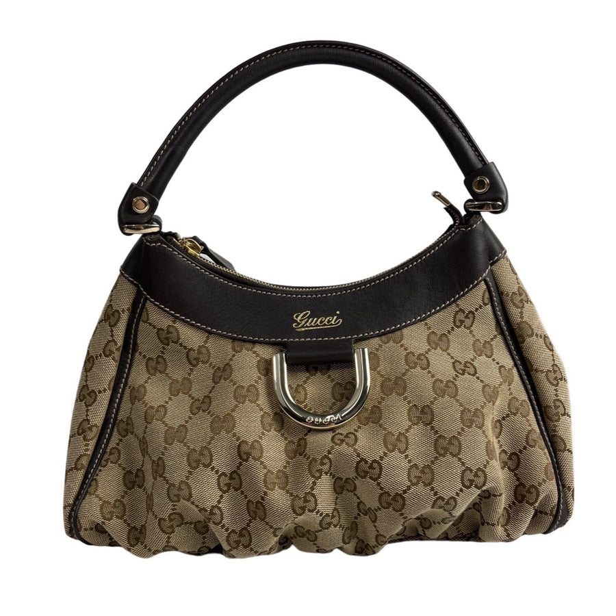 Gucci Beige & Brown Monogram Canvas Leather Handbag With Gold Accents & Top Handle