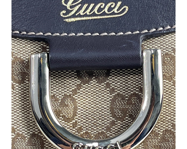 Gucci Beige & Brown Monogram Canvas Leather Handbag With Gold Accents & Top Handle