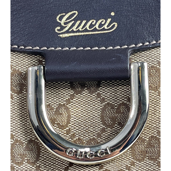Gucci Beige & Brown Monogram Canvas Leather Handbag With Gold Accents & Top Handle