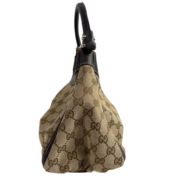 Gucci Beige & Brown Monogram Canvas Leather Handbag With Gold Accents & Top Handle