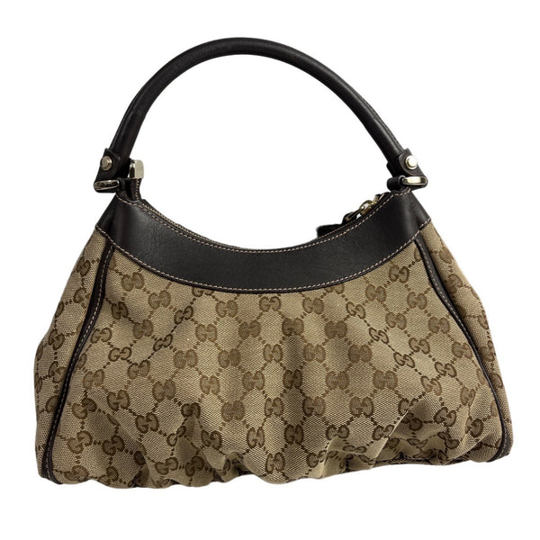 Gucci Beige & Brown Monogram Canvas Leather Handbag With Gold Accents & Top Handle