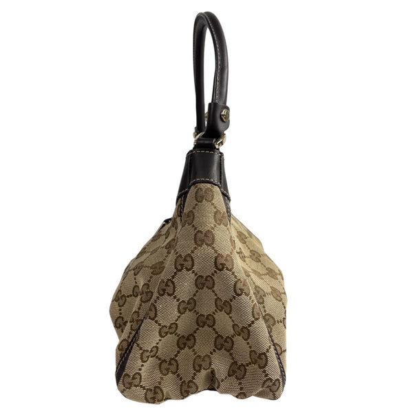 Gucci Beige & Brown Monogram Canvas Leather Handbag With Gold Accents & Top Handle