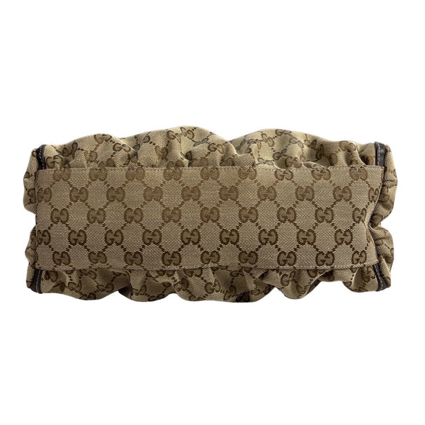 Gucci Beige & Brown Monogram Canvas Leather Handbag With Gold Accents & Top Handle