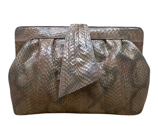 Vintage 80s J. Renee Beige Snake-Embossed Gold Accent Crossbody Clutch Bag Sz M