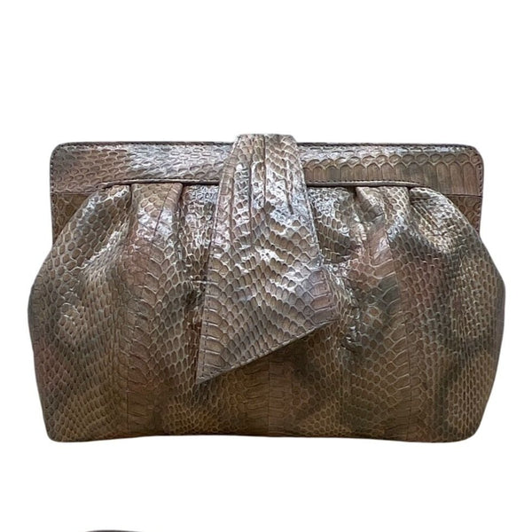 Vintage 80s J. Renee Beige Snake-Embossed Gold Accent Crossbody Clutch Bag Sz M
