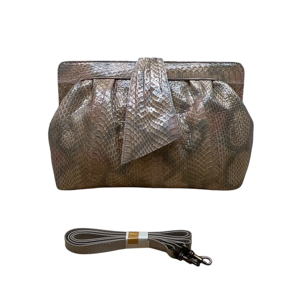 Vintage 80s J. Renee Beige Snake-Embossed Gold Accent Crossbody Clutch Bag Sz M