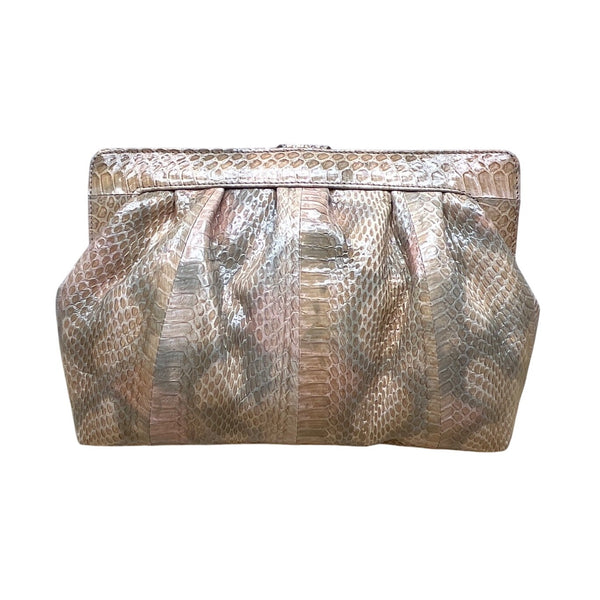 Vintage 80s J. Renee Beige Snake-Embossed Gold Accent Crossbody Clutch Bag Sz M