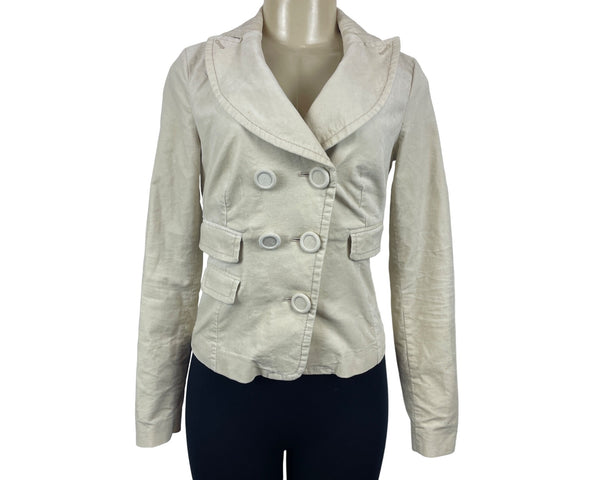 22 Double Breasted Beige Long Sleeve Wide Lapel Blazer Jacket Womens Sz P