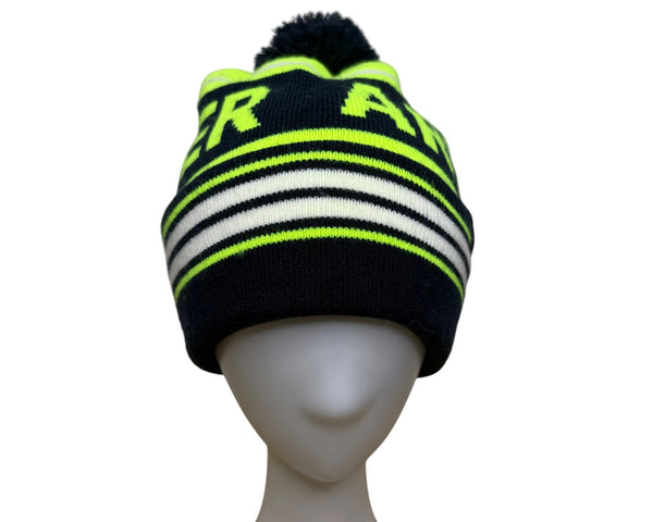 Under Armour Unisex Navy Neon Green Knit Pom Beanie Hat One Size Warm Striped OSFA