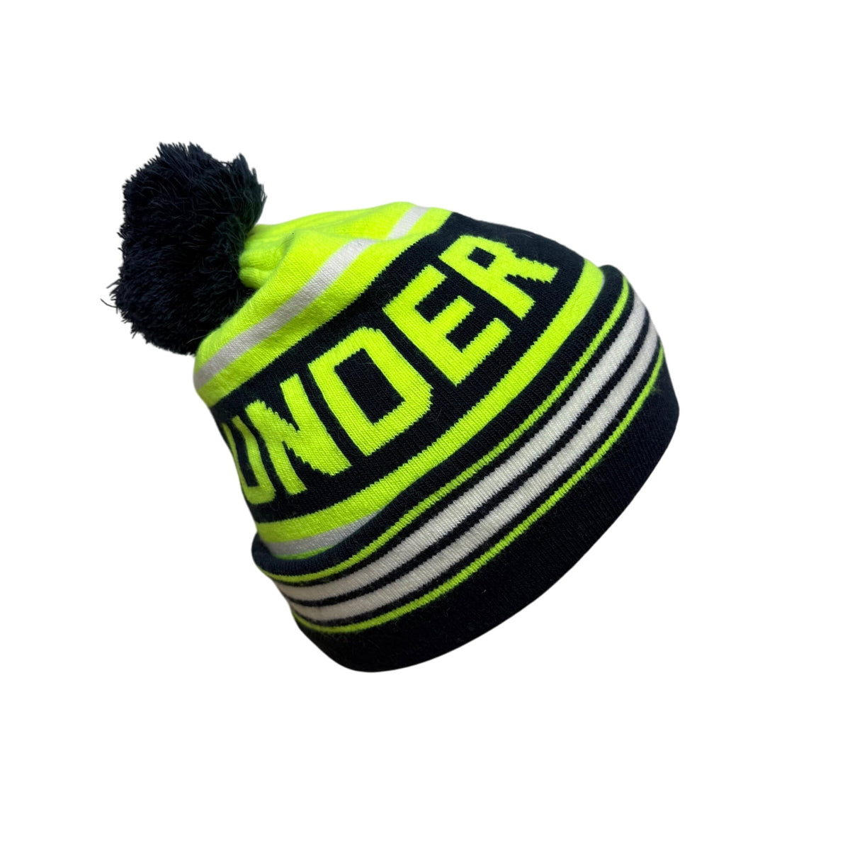 Under Armour Unisex Navy Neon Green Knit Pom Beanie Hat One Size Warm Striped OSFA