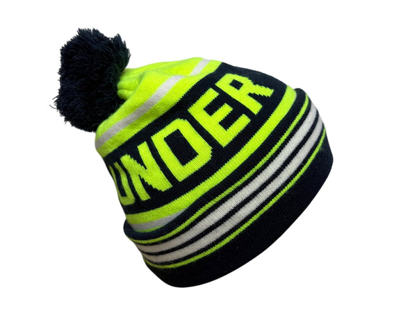 Under Armour Unisex Navy Neon Green Knit Pom Beanie Hat One Size Warm Striped OSFA
