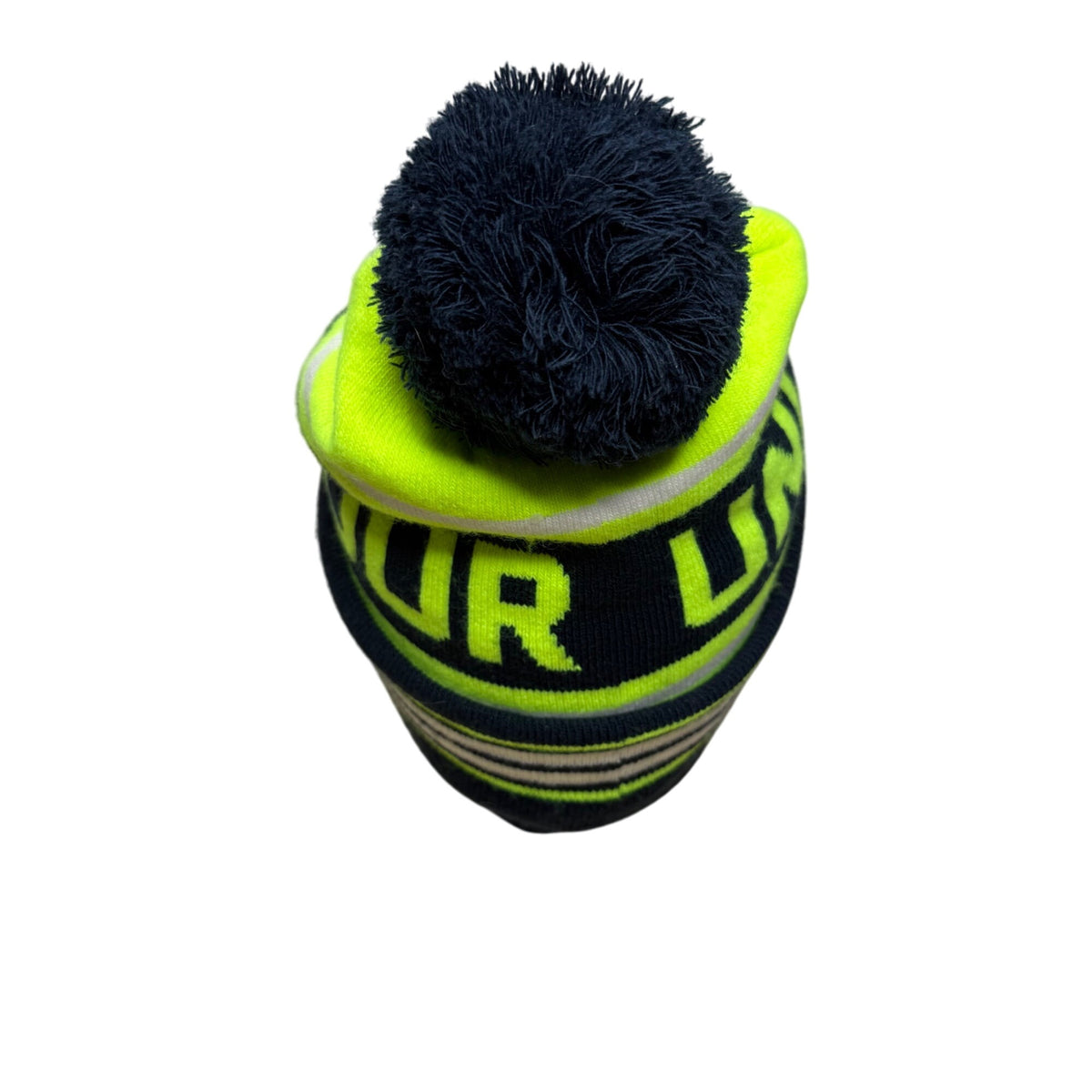 Under Armour Unisex Navy Neon Green Knit Pom Beanie Hat One Size Warm Striped OSFA
