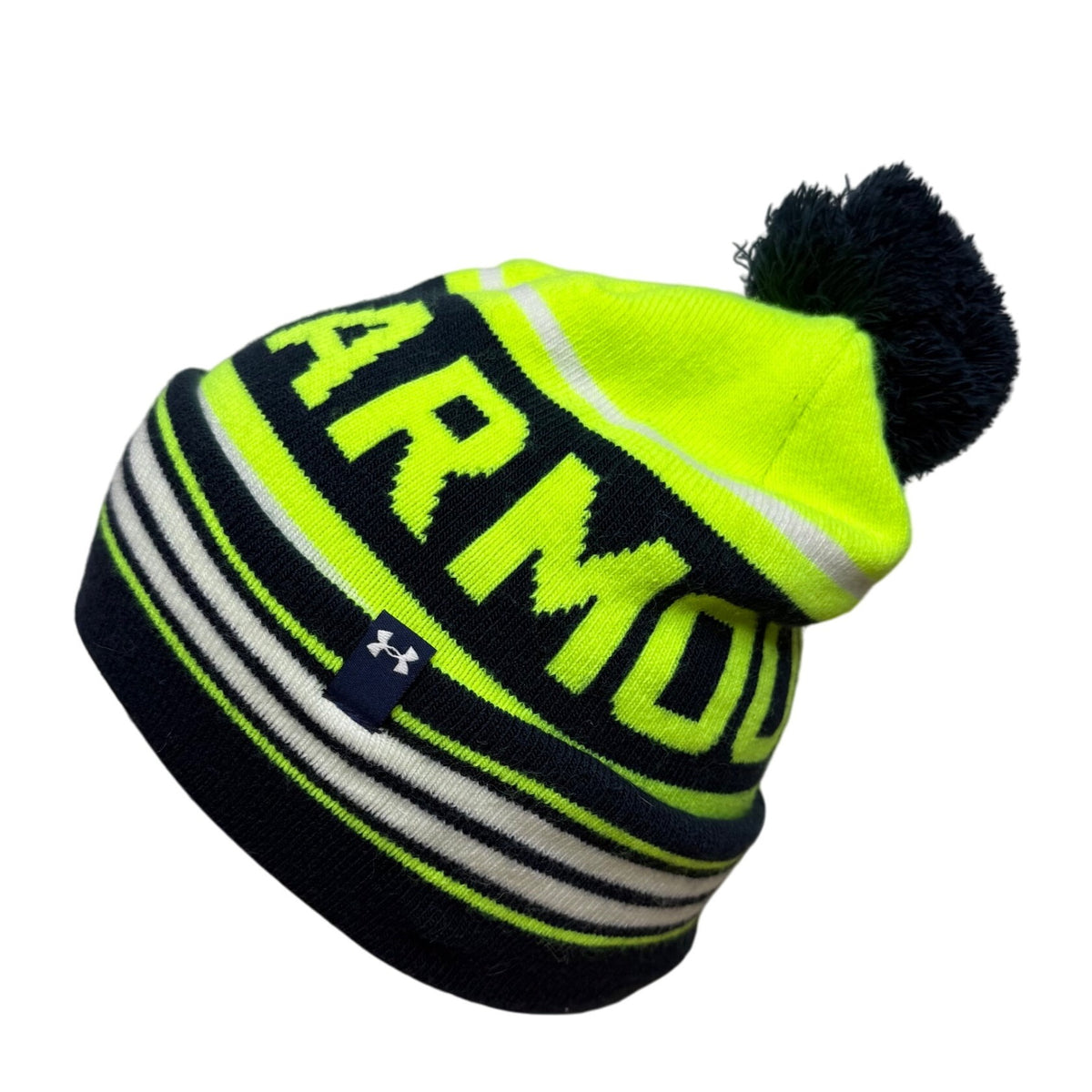 Under Armour Unisex Navy Neon Green Knit Pom Beanie Hat One Size Warm Striped OSFA