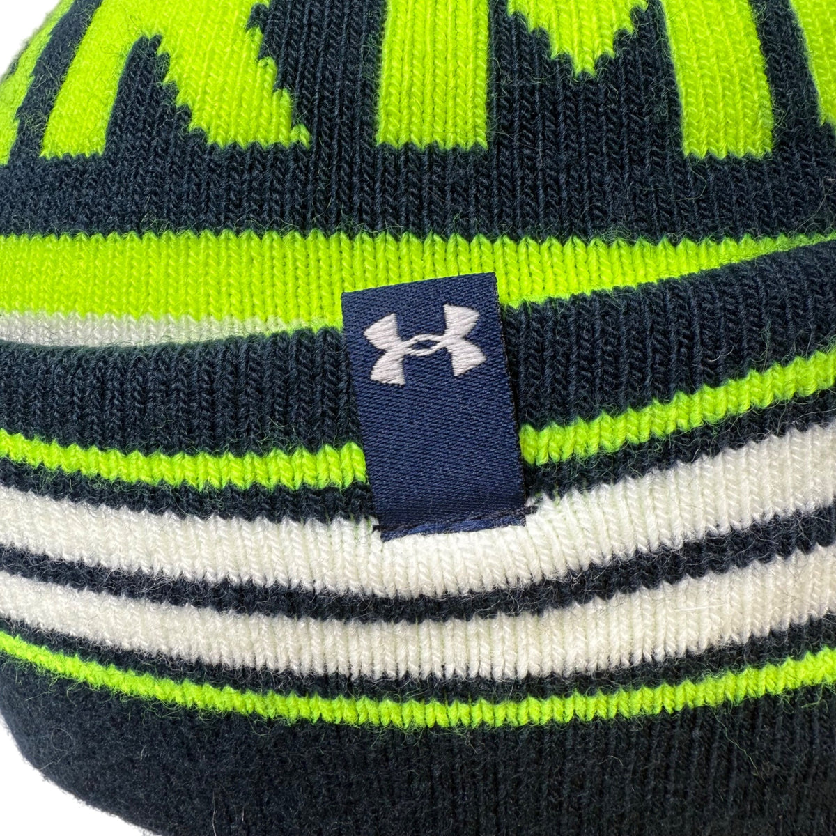 Under Armour Unisex Navy Neon Green Knit Pom Beanie Hat One Size Warm Striped OSFA