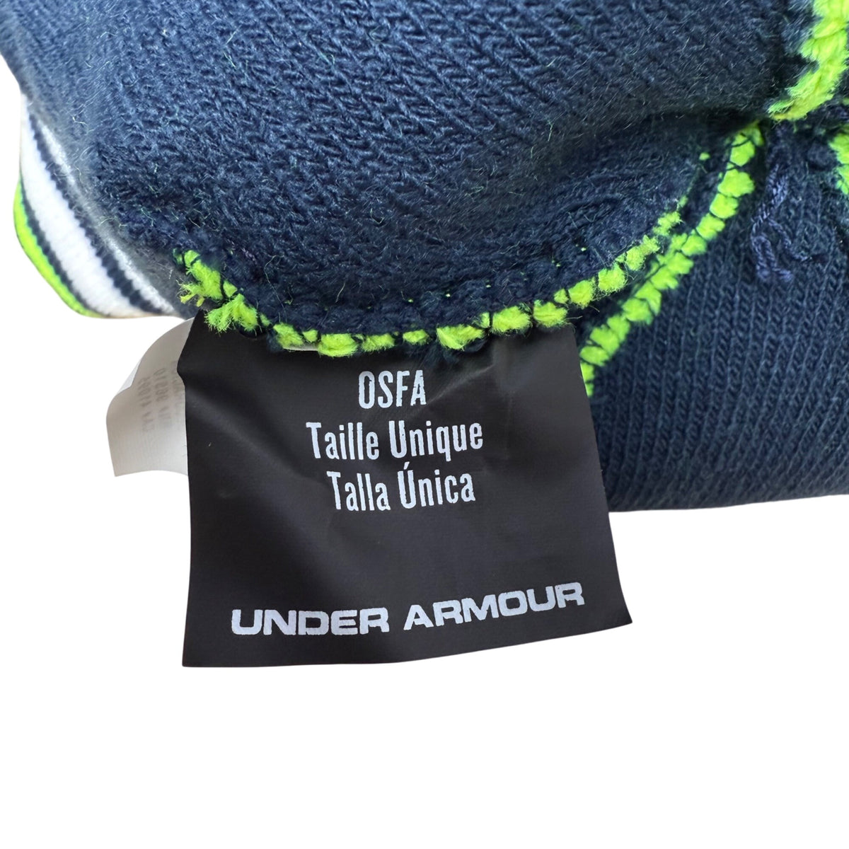 Under Armour Unisex Navy Neon Green Knit Pom Beanie Hat One Size Warm Striped OSFA