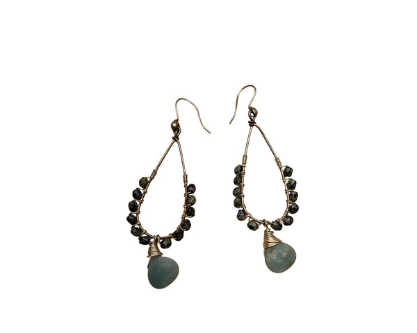 Handcrafted Teardrop Wire Earrings With Blue Stone & Black Bead Accents