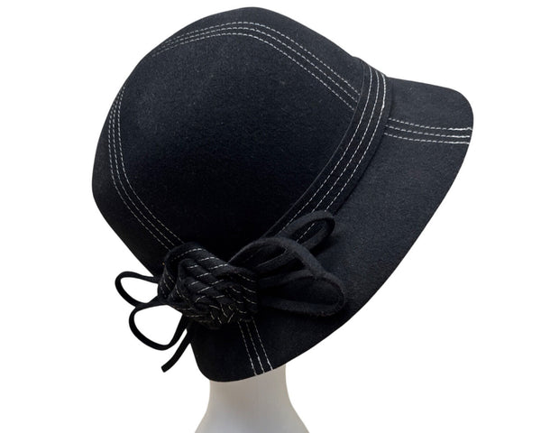 Nordstrom Womens Black Wool Felt Bucket Hat With White Stitch Detailing & Side Bow Accent