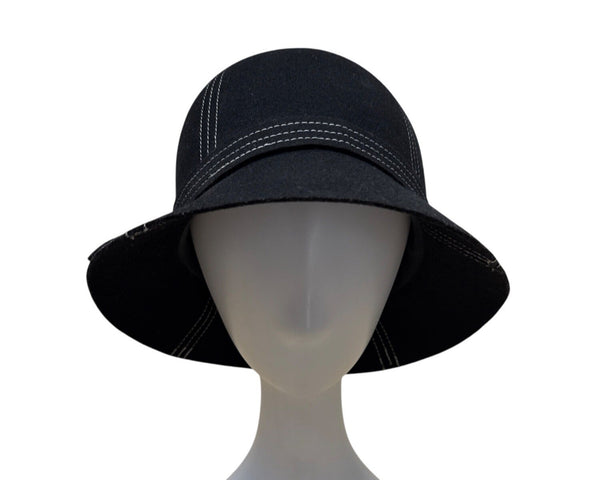 Nordstrom Womens Black Wool Felt Bucket Hat With White Stitch Detailing & Side Bow Accent