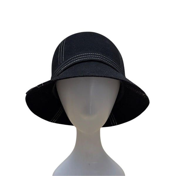 Nordstrom Womens Black Wool Felt Bucket Hat With White Stitch Detailing & Side Bow Accent