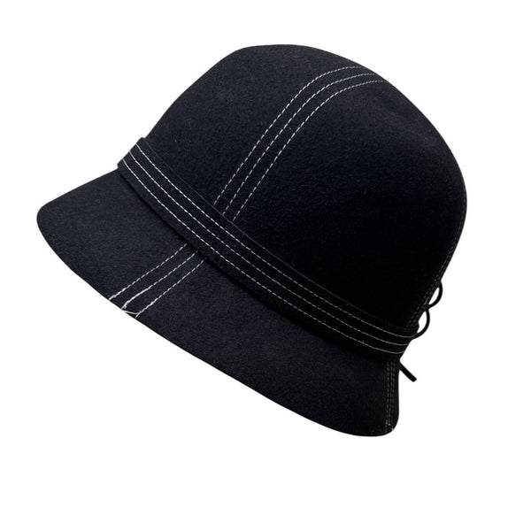 Nordstrom Womens Black Wool Felt Bucket Hat With White Stitch Detailing & Side Bow Accent