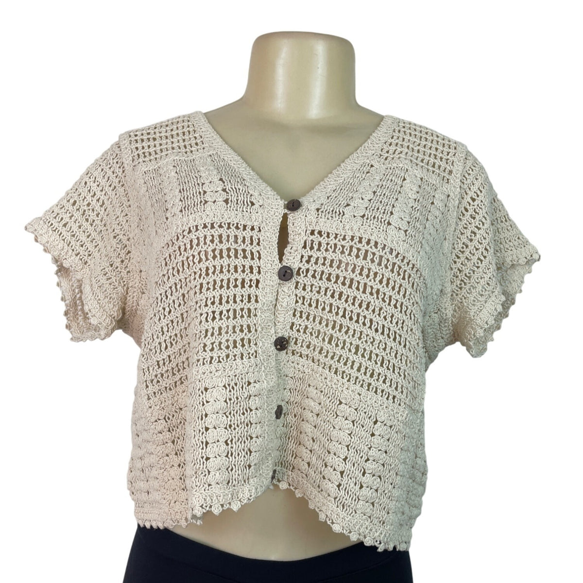 Ninety Clothing Co Knit Button-Front Short-Sleeve Cardigan Top Beige Size S