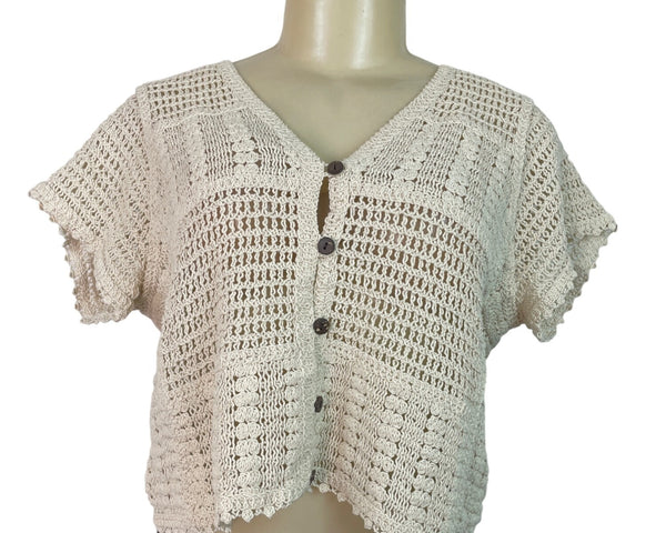 Ninety Clothing Co Knit Button-Front Short-Sleeve Cardigan Top Beige Size S