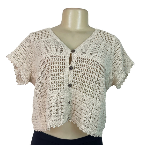 Ninety Clothing Co Knit Button-Front Short-Sleeve Cardigan Top Beige Size S