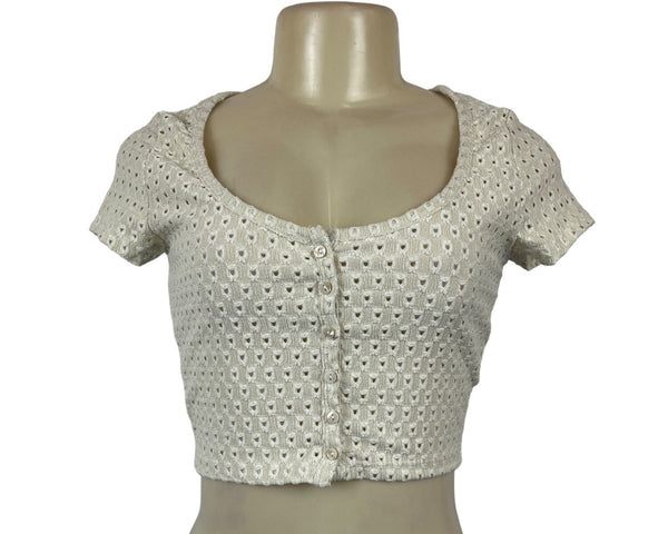 H&M Womens Short Sleeve Eyelet Knit Cropped Top Button Front Beige Sz S - New