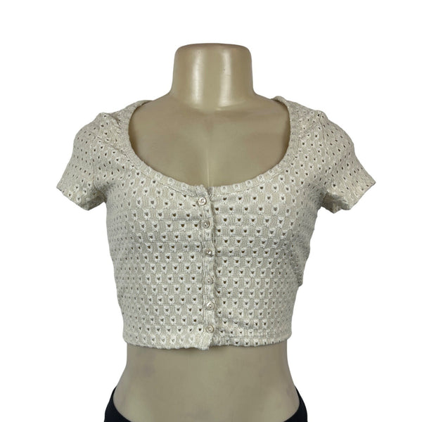 H&M Womens Short Sleeve Eyelet Knit Cropped Top Button Front Beige Sz S - New