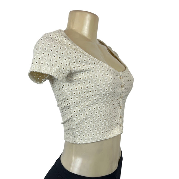 H&M Womens Short Sleeve Eyelet Knit Cropped Top Button Front Beige Sz S - New