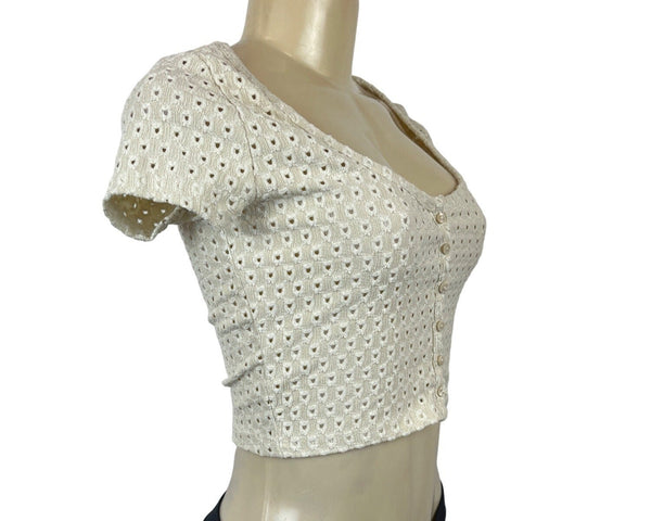 H&M Womens Short Sleeve Eyelet Knit Cropped Top Button Front Beige Sz S - New