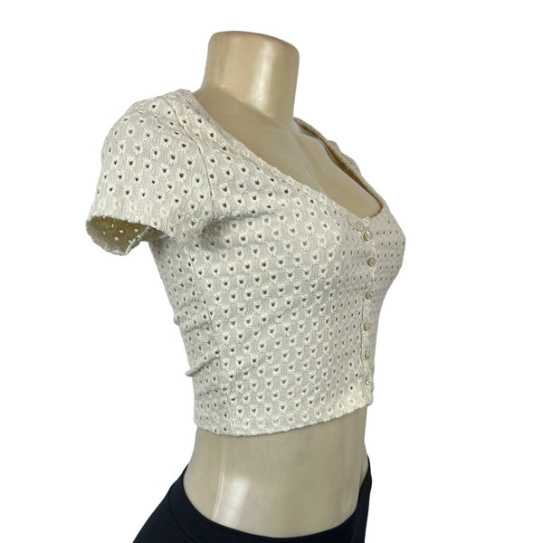 H&M Womens Short Sleeve Eyelet Knit Cropped Top Button Front Beige Sz S - New