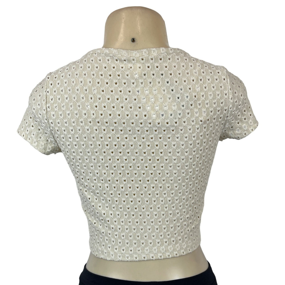 H&M Womens Short Sleeve Eyelet Knit Cropped Top Button Front Beige Sz S - New