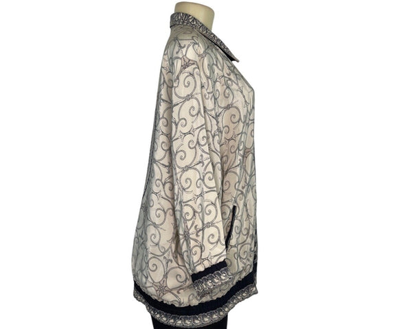 Vintage Peter Nygard Womens Jacket Beige Navy Baroque Print Elastic Hem Sz 14W