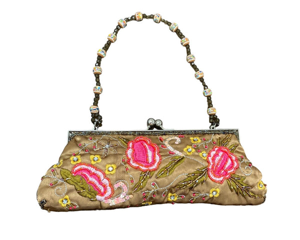 Women's Gold and Rose Beaded Snap Closure Evening Clutch Sz M