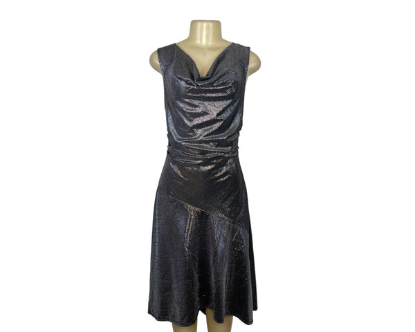 Tracy Reese Metallic Silver Midi Dress Sleeveless Cowl Neck A-Line Womens Size M