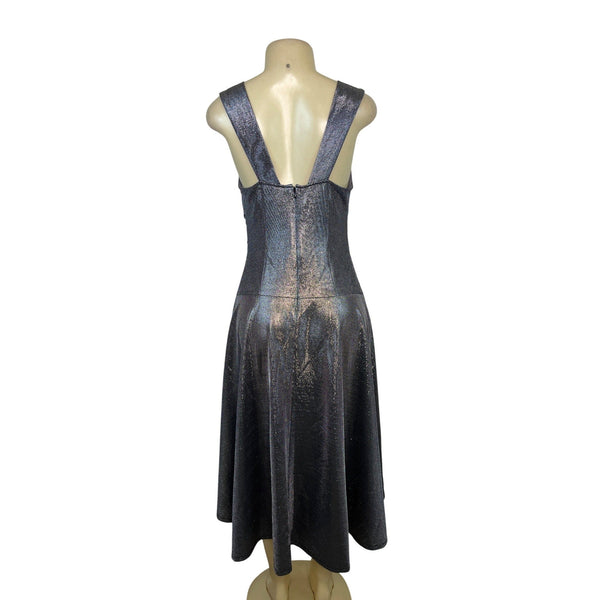Tracy Reese Metallic Silver Midi Dress Sleeveless Cowl Neck A-Line Womens Size M